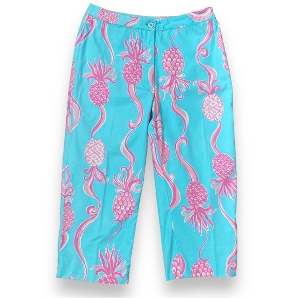 Vintage Lilly Pulitzer Cropped Pants Pink Blue Pineapple print Size 4 - Picture 1 of 16